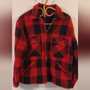 Vintage Oakbrook Sportswear wool red black Buffalo plaid front zip shirt jacket